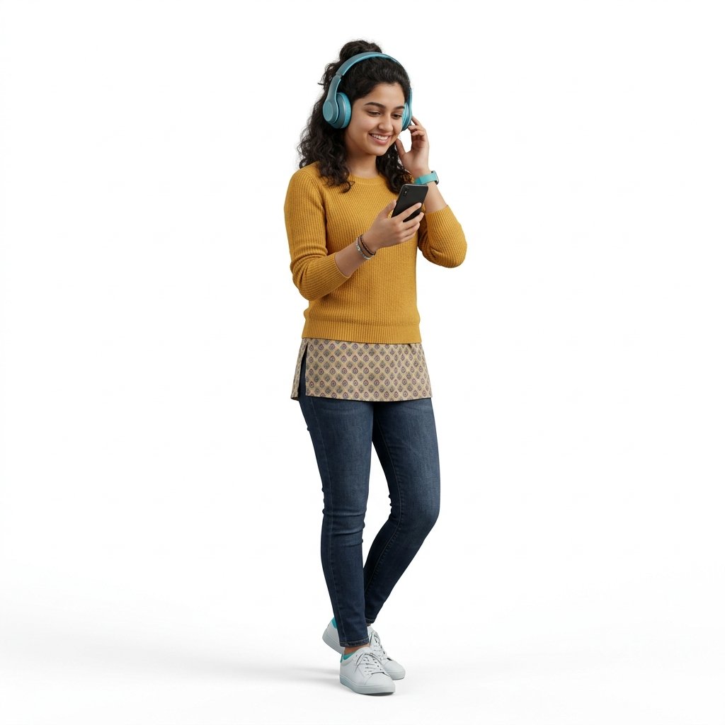 Modern teen girl listening to audiobooks